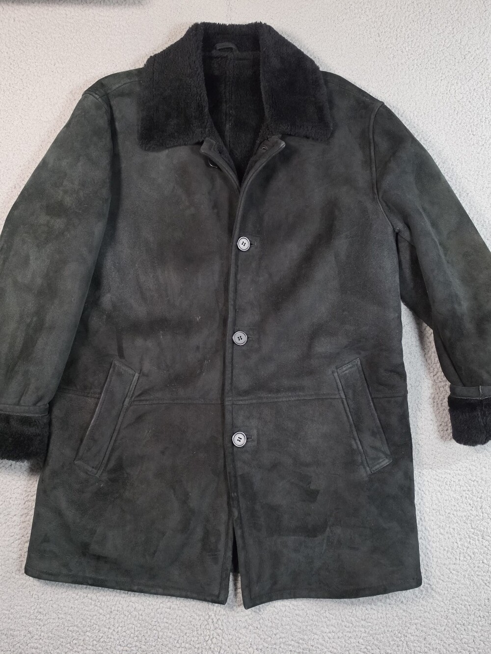 SAKS Fifth Avenue SHEARLING Sheepskin Fur Coat Italy Mens 40 Medium Black Ranch